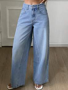 DAZY Jeans rectos casuales y sueltos con diseño de empalme jaspeado para mujer - Lavado ligero - Ver 1