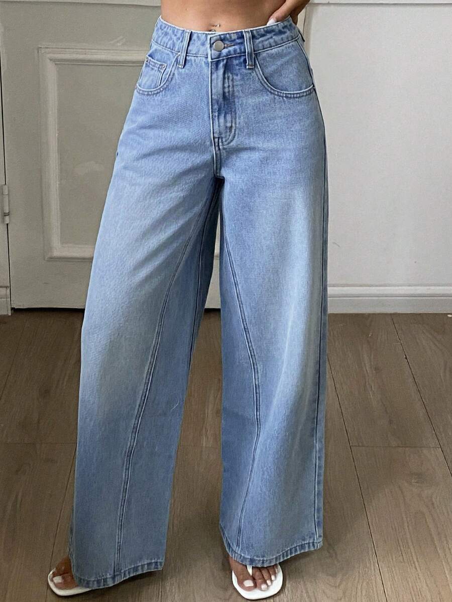 DAZY Jeans rectos casuales y sueltos con diseño de empalme jaspeado para mujer - Lavado ligero - Ver 1