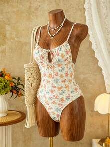 Swim Mod Women's Swimwear Set, Floral Print, Ruched Tie-Front, Hollow-Out Design, 2-Piece, Summer Holiday Beach - Multicolor - View 3