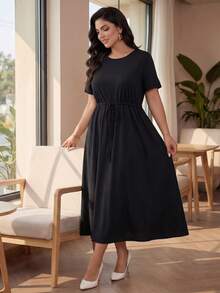 SHEIN Lady CURVE 大码女士夏装短袖连衣裙黑色连衣裙休闲女装夏季连衣裙女士节日连衣裙 - 黑色 - 查看 8