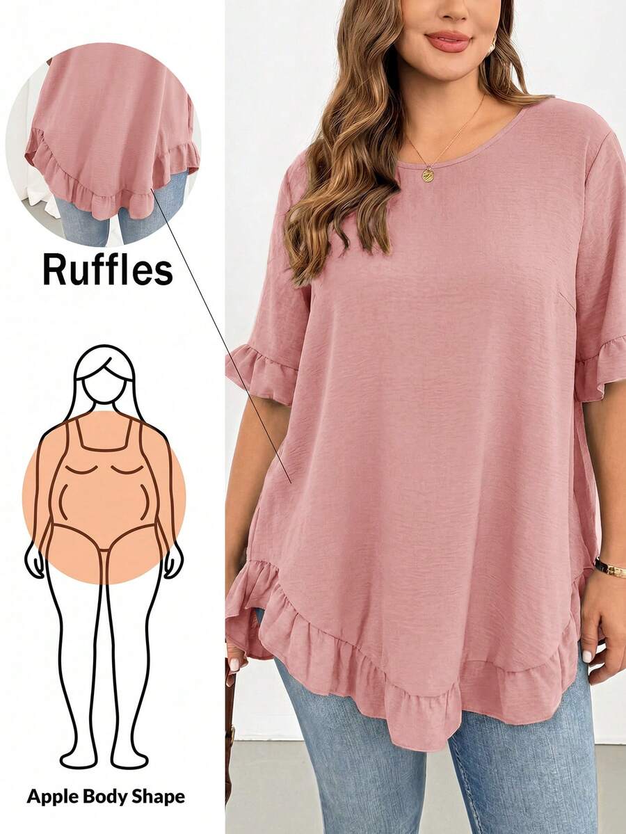 Shapeblank Women's Plus-Size Dusty Pink Summer Casual Everyday Shirt,Fashionable Loose Comfortable Ruffled Short-Sleeved Curve Cute Tops,Women Blouse - Dusty Pink - View 1