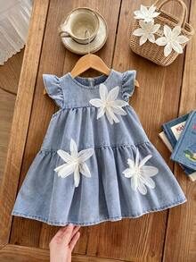 SHEIN Baby GirlDenim Dress With 3D Floral Decor, Cute & Fashion, Versatile For Spring/Summer Fall Winter - Blue - View 4