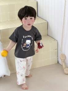 DAZY 2件套幼儿男童卡通印花圆领T恤和裤子家居服套装 - 灰色 - 查看 1