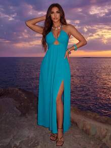 VaVaBold Vestido largo estilo swing con escote halter sin espalda y con lazos cruzados para mujer - Agua verde azul - Ver 3