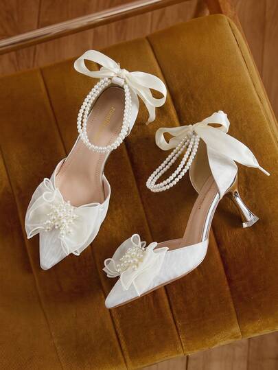 Eladyva Fashionable Ankle Strap Pumps For Women, Faux Pearl & Bow Decor Pyramid Heeled Pumps