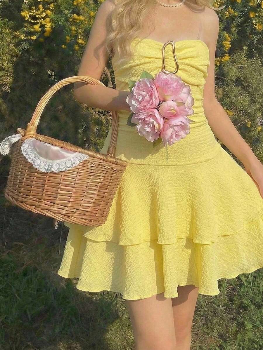 SHEIN Girls Elegant Strapless Metal Decor Multi-Layer Cake Mini Dress Tween Girl - Yellow - View 1
