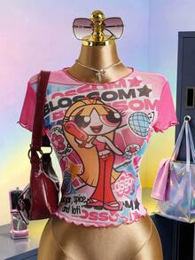 THE POWERPUFF GIRLS X SHEIN Áo nữ tay ngắn cổ tròn kiểu dáng thường ngày - - Hồng - Xem 1
