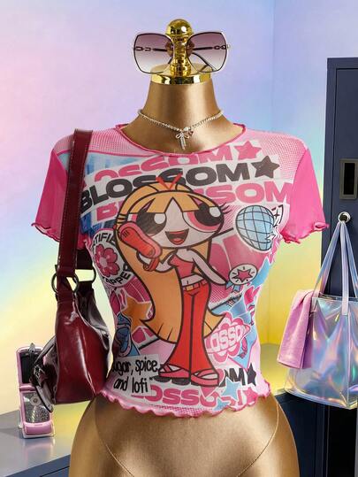 THE POWERPUFF GIRLS X SHEIN 女士圆领短袖休闲上衣 -
