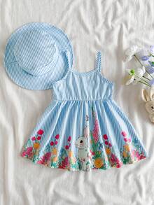 SHEIN Vintaside Kids 2pcs/Set Gaun Tanpa Lengan Model A-Line Motif Kelinci dan Bunga Garis-garis Biru Putih Lucu untuk Bayi Perempuan, Pakaian Liburan Musim Panas yang Segar untuk Pesta & Foto - Biru - View 3