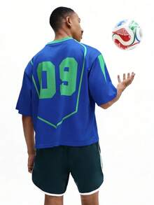 SUMWON 复古足球球衣短袖足球衫号码印花复古风格休闲街头服饰 - 藍色 - 查看 2
