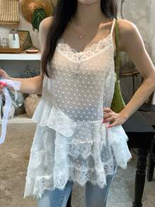 DAZY 女士夏季薄纱瑞士圆点撞色蕾丝荷叶边吊带背心 - 白色 - 查看 1