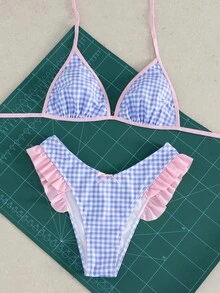 Swim Mod Spring/Summer New Blue & White Plaid Pink Trim Halter Bikini Set, Ruffle Two Pieces Swimwear For Girls - Multicolor - View 5