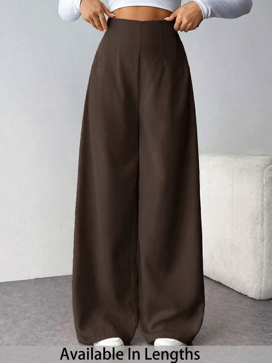 SHEIN Tall CURVE 大码休闲纯色高腰阔腿裤 - 黑色 - 查看 1