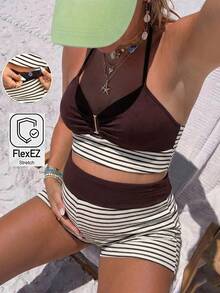 SHEIN Maternity Striped Ruched Halter Neck Tank Top And Adjustable Waist Shorts Casual 2-Piece Set Casual Beach Fashion - Brown - View 1
