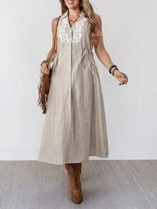 Wildy Women's White Summer Boho Holiday Vacation Dress,Western Country Stripe Embroidered Sleeveless Tie Waist Dress,Casual Beach Vacation Music Festival - Apricot - View 6