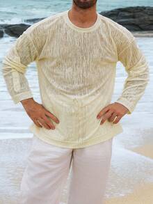 DAZY Men's Casual Round Neck Long Sleeve Mesh T-Shirt - White - View 3