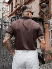 Artur Kramer Men's Solid Color Rib-Knit Polo Shirt, Old Money Style - Coffee Brown - View 2