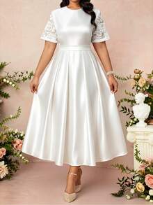 SHEIN Lady Plus Size Elegant Party Solid Color Lace Patchwork Dress - White - View 1