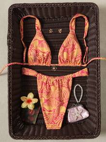 Swim Mod 女款粉橘花卉印花比基尼兩件式泳衣，海灘度假夏季熱帶風 - 橘色 - 查看 2