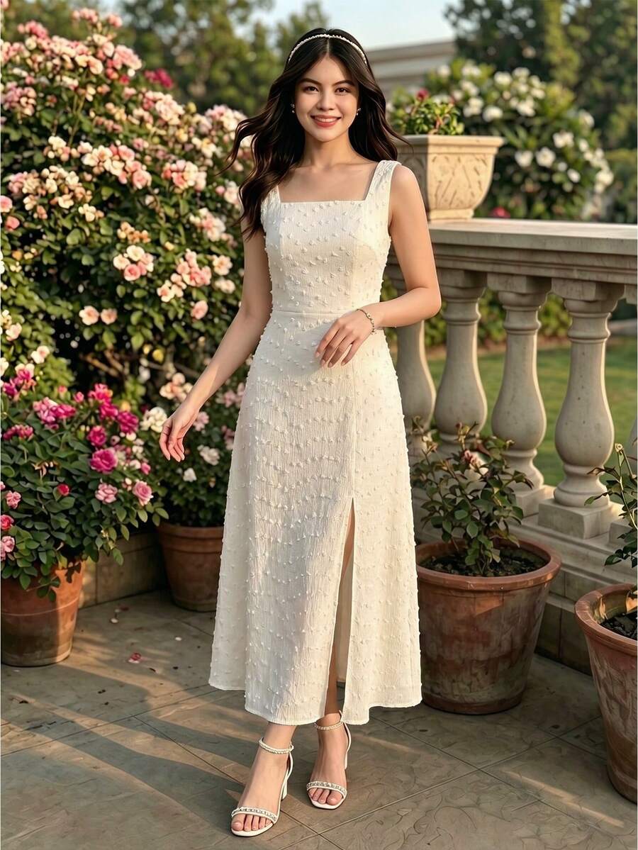 SHEIN 少女无袖纯色优雅连衣裙,质感面料,长款开衩设计,适合日常活动、婚礼及其他场合。 - 米色 - 查看 1