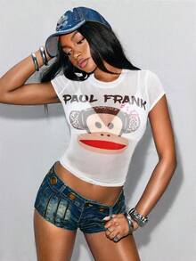 Paul Frank X SHEIN Damen modische vielseitige durchsichtige kurze Bluse mit Rundhalsausschnitt - Weiss - Übersicht 5