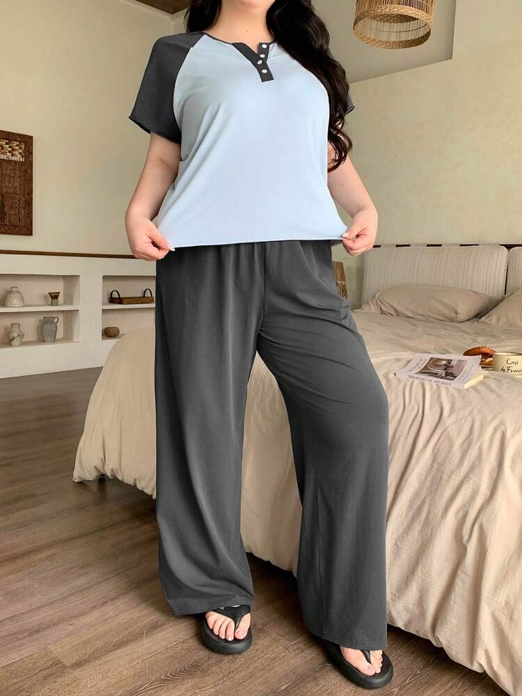 Dazy Plus Casual Contrast Color Raglan Sleeve Loose Short Sleeve Top And Loose Long Pants Plus Size Women Spring/Summer Pajama Set