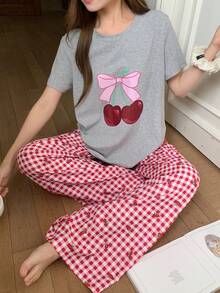 DAZY 2件套女士樱桃图案短袖T恤和格子直筒长裤睡衣套装，夏季 - 灰色 - 查看 4