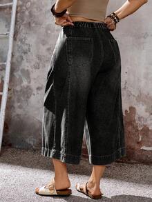 EMERY ROSE Mature Denim Plus Size Women Loose Fit Pocket Decor Wide Leg Cropped Jeans - Black - View 2