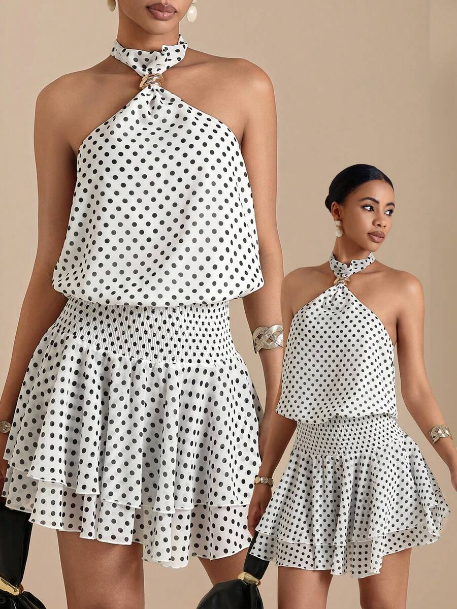 SHEIN Veneréa Romantic Tropical Vacation Metal Buckle Decor White With Black Polka Dots Print Halter Sleeveless Ruffled Hem Patchwork Flowy Dress For Women Summer - Black and White - View 1