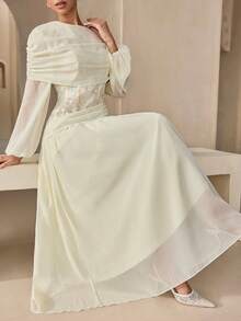 Graceveil Elegant Embroidered Chiffon Lantern Sleeve Swing Dress - Apricot - View 9