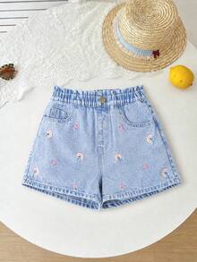 Celana Pendek Denim Slim Fit Modis dengan Bordir Hati Warna-warni dan Hiasan Ruffle di Pinggang untuk Anak Perempuan, Musim Panas - Light Wash - View 1
