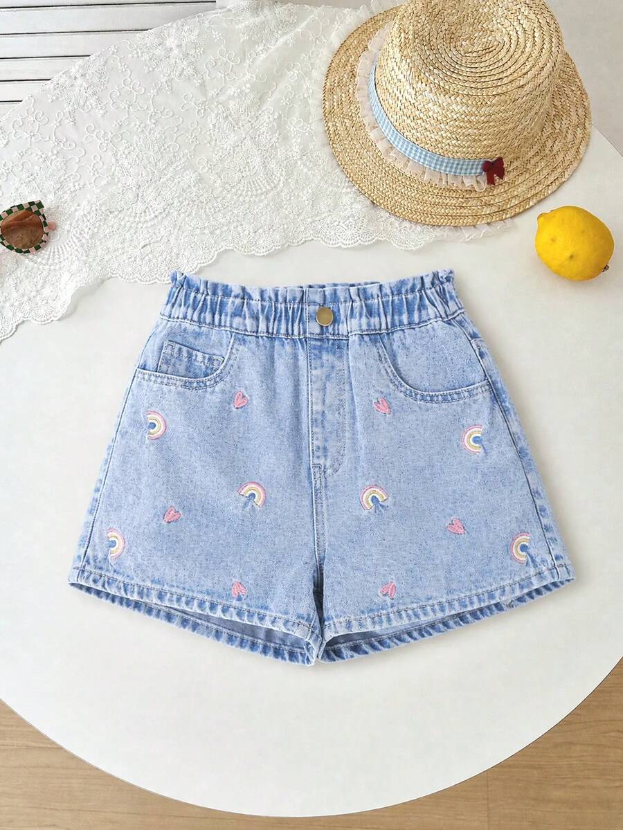 Celana Pendek Denim Slim Fit Modis dengan Bordir Hati Warna-warni dan Hiasan Ruffle di Pinggang untuk Anak Perempuan, Musim Panas - Light Wash - View 1