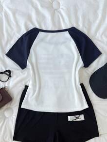 Tween Girl Casual Daily Fashion American Flag Print Raglan Set Independence Day - Blue and White - View 2