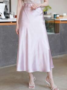 Nuevo 2026  Falda elástica de cintura alta de unicolor elegante para mujer, primavera/verano - Rosa - Ver 5