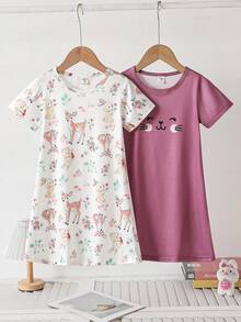 Genkimix Kids Bộ 2 món đồ ngủ ngắn tay dài tay in hình cừu hoạt hình dễ thương tối giản cho bé gái, màu hồng và xám. - Nhiều màu - Xem 3