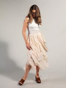 Rouah Boho Multi Ruffle Waterfall Chiffon Skirt - Perfect For Summer - Summer Vibes, Vacay Time, Resort Holiday, Vacation Time Grittyboho Garden Party Beige - Apricot - View 6