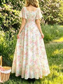 Vestido largo minimalista de mujer con diseño de cuello cuadrado y mangas cortas con estampado de paisaje de palmera de, vestido maxi elegante de cintura ceñida, adecuado para vacaciones de verano y uso diario - Multicolor 6 - Ver 2