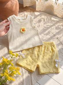 SHEIN Vintaside Kids 女婴/女童夏季圆领无袖简约休闲百搭3D花朵背心搭配休闲百搭提花面料短裤套装，适合日常休闲、散步或旅行度假。 - 黃色 - 查看 5