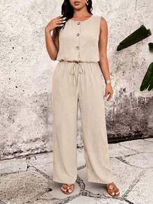 Breezaya Plus Size Solid Color Round Neck Backless Lace Trim Sleeveless Elastic Waist Jumpsuit - Khaki - View 6