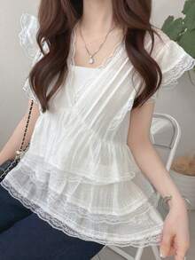 FRIFUL Women's Sweet Fashion Versatile Multi-Layer Lace Patchwork Blouse - White - View 5