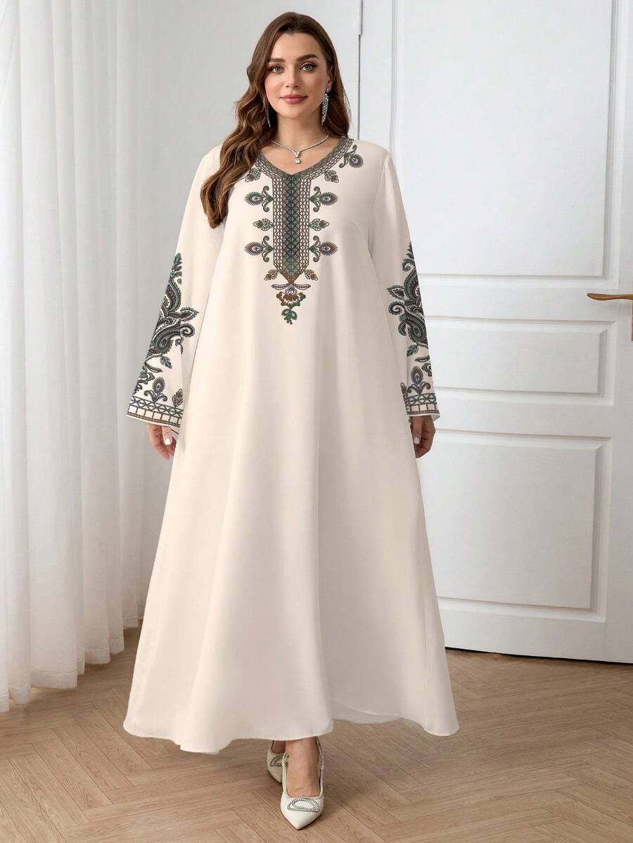 Al Najma Vestido casual con estampado floral de estilo árabe para mujer de talla grande - Multicolor - Ver 1