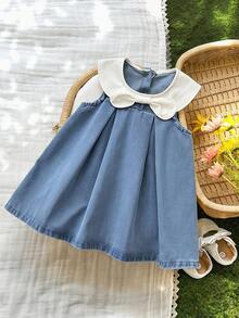 SHEIN LMoss Kids Đầm ngắn không tay dáng rộng màu xanh denim cổ bướm trắng dễ thương cho bé gái - Rửa trung bình - Xem 3