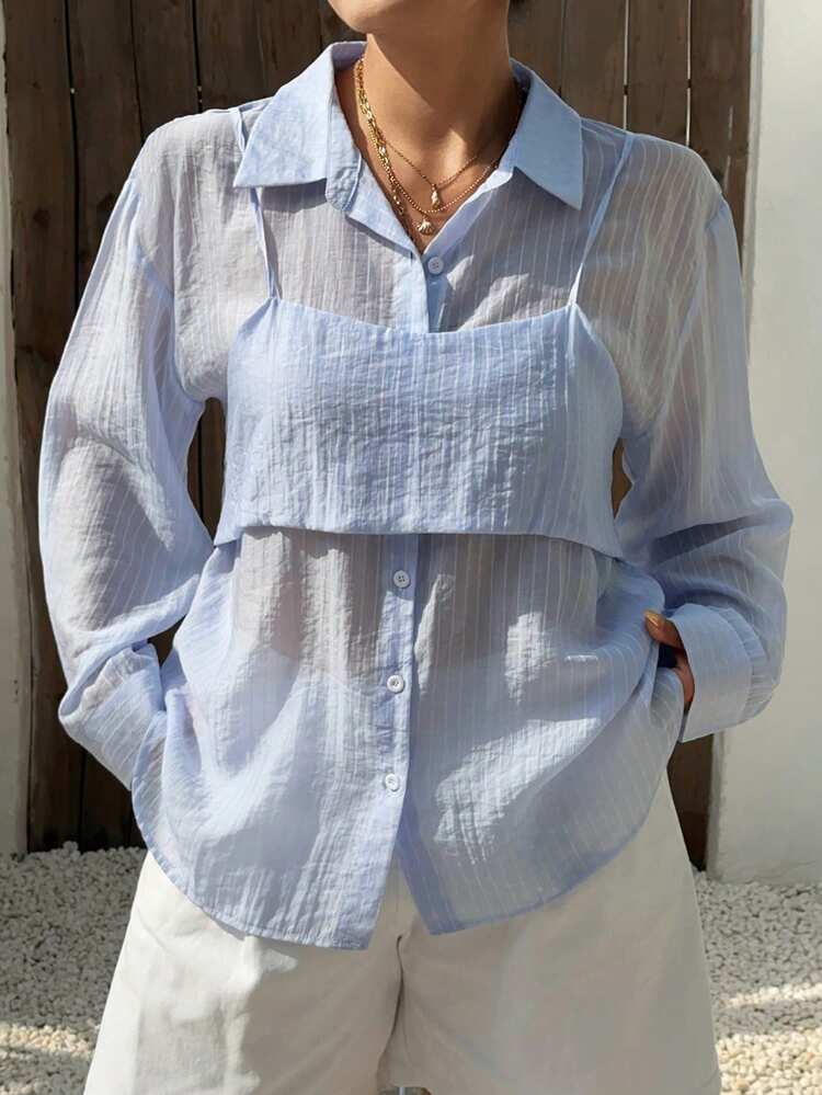 Dazy Plus New Striped Loose Casual 2 In 1 Shirt With Camisole Layered Long Sleeve Vacation Style Plus Size Women Spring/Summer Blue Shirt