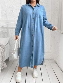 SHEIN Lady Robe en jean à manches longues grande taille, bleu - Jean clair - Voir 5