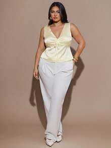 SHEIN BAE Áo tank top nữ cỡ lớn, kiểu dáng thường ngày, buộc dây phía trước, màu trơn, thích hợp cho mùa hè. - Màu be - Xem 3