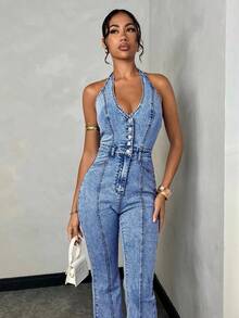SHEIN BAE Quần yếm denim nữ thời trang, đa năng, có túi và cúc cài. - Rửa trung bình - Xem 5