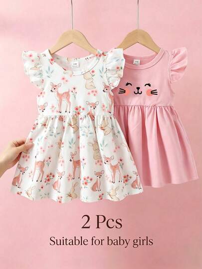 SHEIN 2pcs/Set Baby Girls' Summer Dress, Purple Dress With Flare Sleeves, Cute Cat Face & Forest Animal Rabbit Print Design