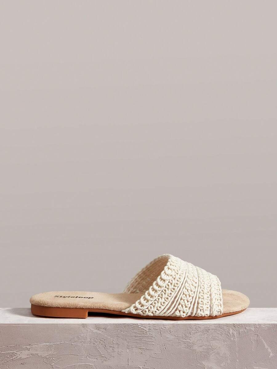 Styleloop Sandal Wanita Anyaman Warna Beige, Gaya Liburan, Segar, Kasual dan Nyaman, Sandal Pantai Gaya Bohemian, Penting untuk Perjalanan, Pakaian Musim Panas, Suasana Liburan - ketan rice putih - View 1