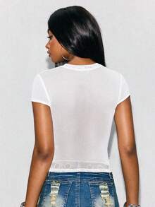 Paul Frank X SHEIN Damen modische vielseitige durchsichtige kurze Bluse mit Rundhalsausschnitt - Weiss - Übersicht 2