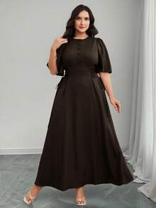 Modelyn Plus Size Women Solid Color Button Half Placket Short Sleeve Elegant Dress - Coffee Brown - View 4